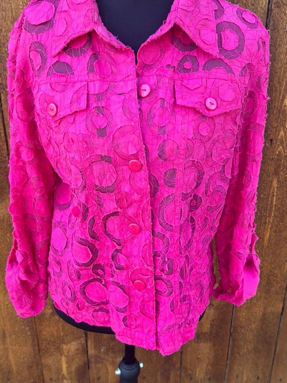 Ruby Rd Fuchsia Pink Circle Lace Button Down Blouse Shirt Jacket Size 10 EUC